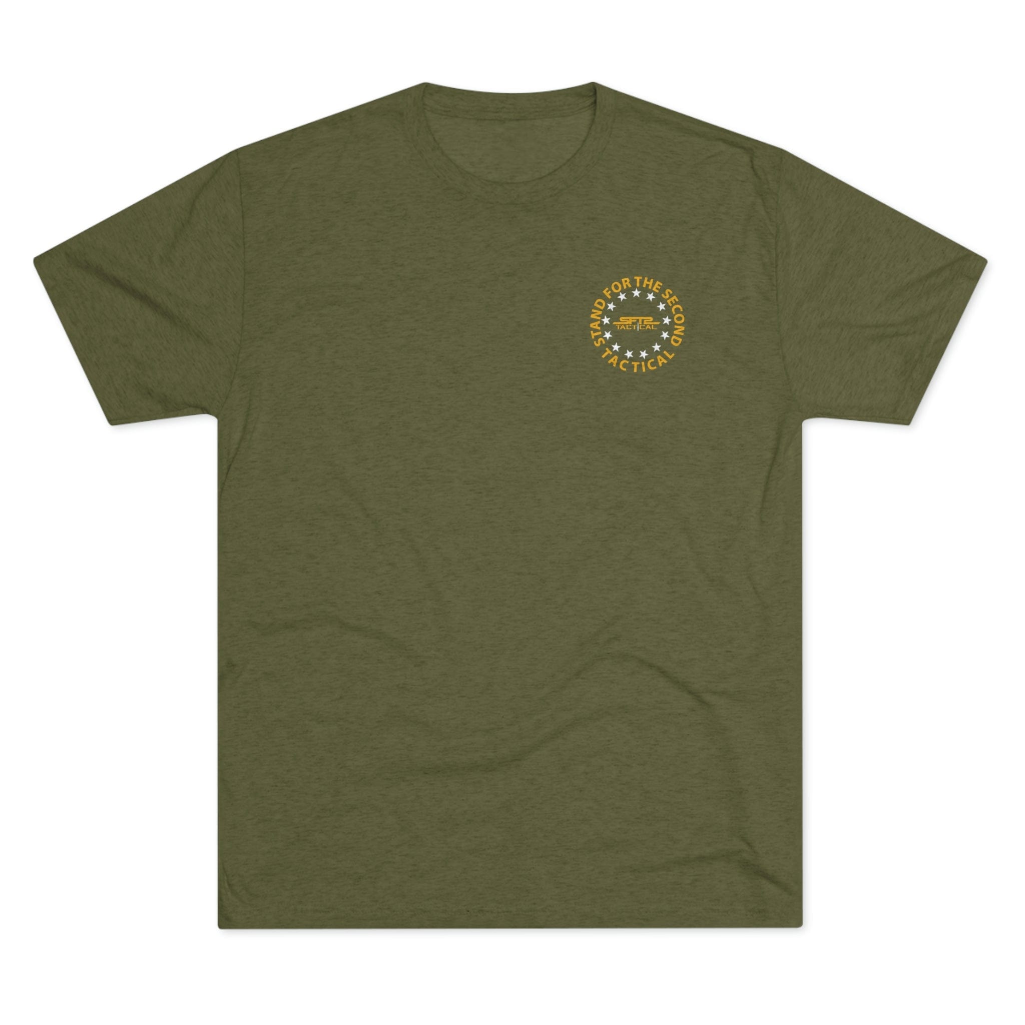 Military green SFT2 Tactical Don't Tread On Me tri-blend crew tee displayed flat, featuring graphic print design.