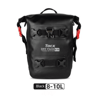TACX™ 2-in-1 waterproof bumper bag mounted on motorcycle crash bar, compact and durable storage solution by Bean's Moto Booth