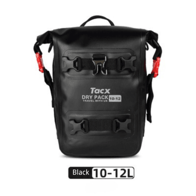 TACX™ 2-in-1 waterproof bumper bag attached to a motorcycle crash bar, made by Bean's Moto Booth, showing its durable design.