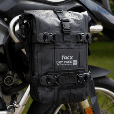 Bean's Moto Booth TACX™ 2-in-1 waterproof bumper bag for motorcycle crash bars, showing durable, weatherproof design and secure attachment.