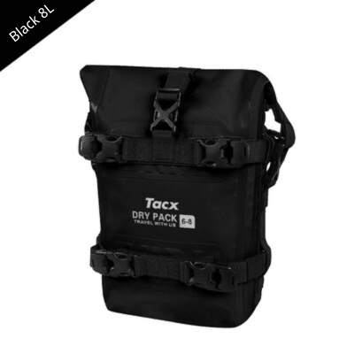 TACX™ 2-in-1 waterproof bumper bag for motorcycle crash bars, showing durable, weather-resistant design with multiple compartments.