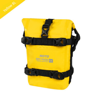 Bean's Moto Booth TACX™ 2-in-1 waterproof bumper bag for motorcycle crash bars, shown attached to a bike in outdoor setting.