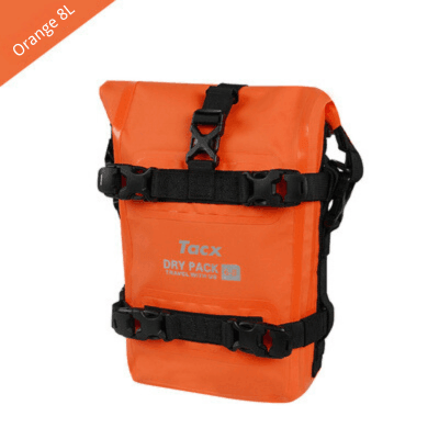 TACX™ 2-in-1 waterproof bumper bag by Bean's Moto Booth attached to a motorcycle crash bar for secure storage.