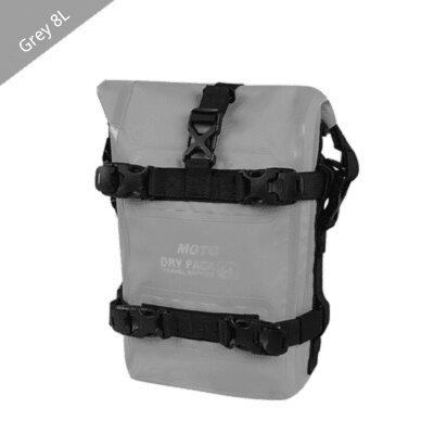 TACX™ 2-in-1 waterproof bumper bag mounted on a motorcycle crash bar, designed by Bean's Moto Booth for durable storage.