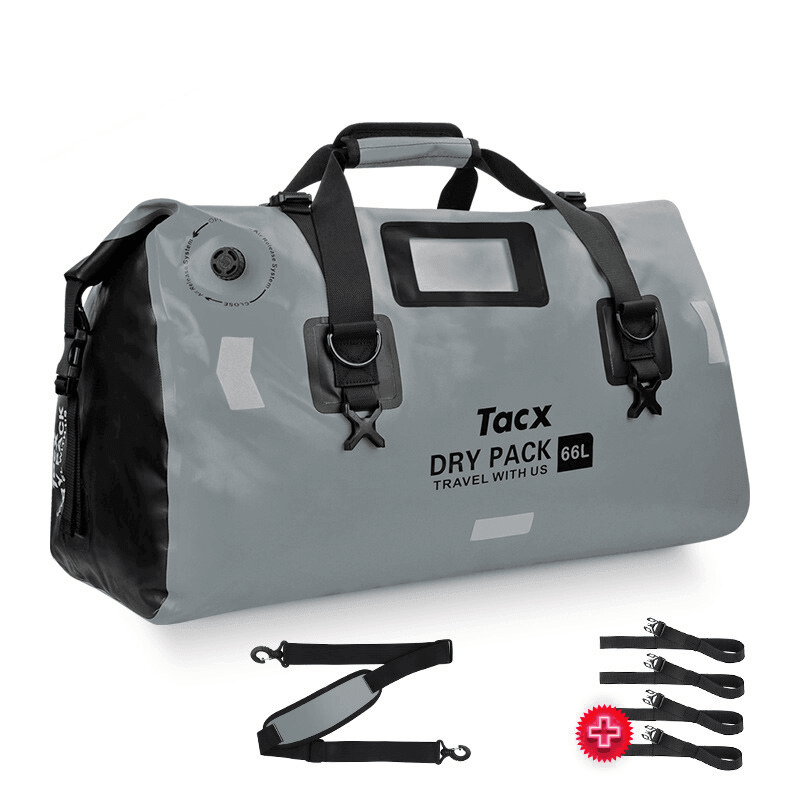 TACX™ 4-in-1 waterproof motorcycle tailbag from Bean's Moto Booth, shown mounted on a motorcycle with multiple compartments.