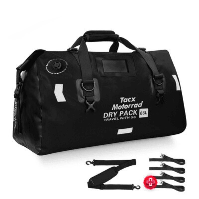 TACX™ 4-in-1 waterproof motorcycle tailbag by Bean's Moto Booth, showing versatile storage with adjustable straps and durable material.