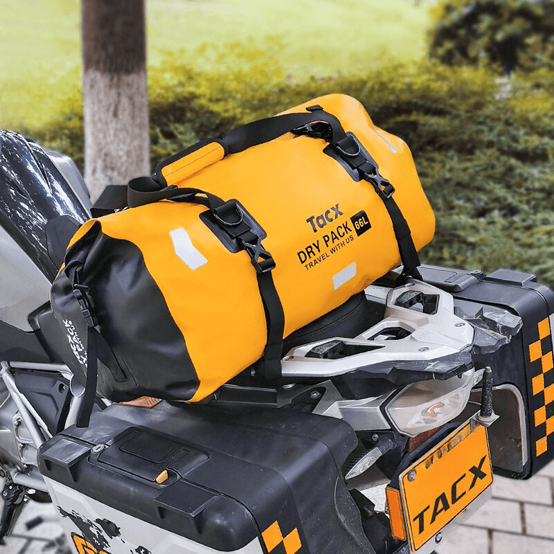 TACX™ 4-in-1 waterproof motorcycle tailbag by Bean's Moto Booth, showing durable black motorcycle bag with multiple compartments.