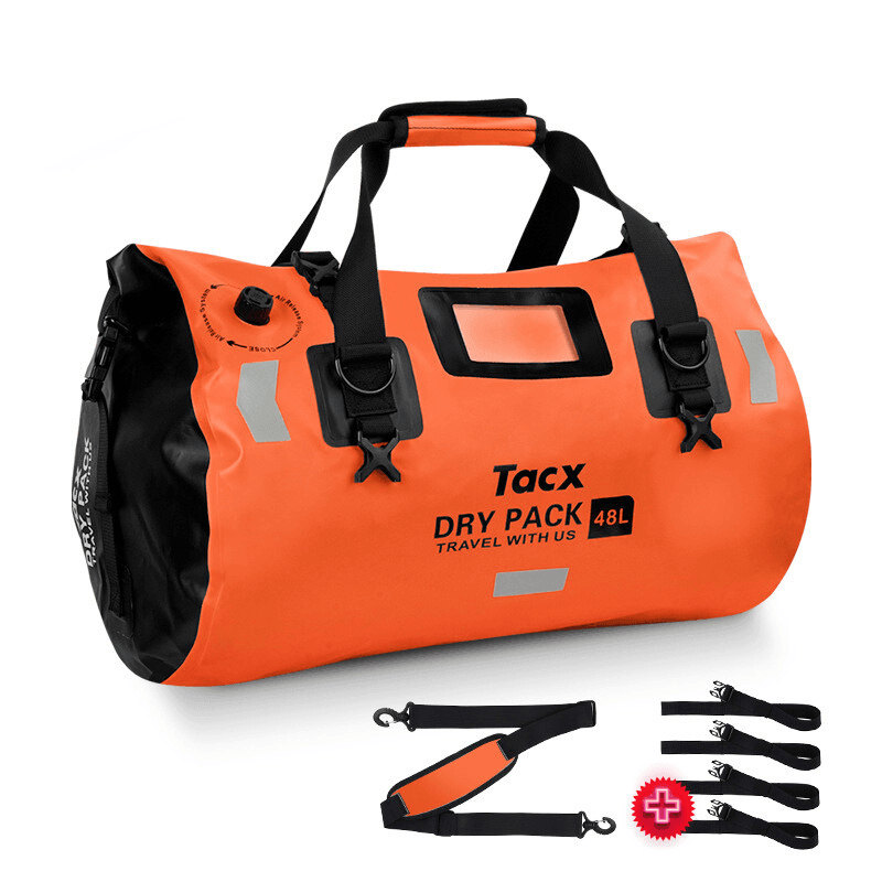 Bean's Moto Booth TACX™ 4-in-1 waterproof motorcycle tailbag with multiple compartments and adjustable straps, shown on a motorcycle.