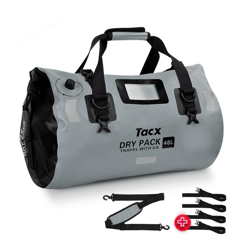 TACX™ 4-in-1 waterproof motorcycle tailbag by Bean's Moto Booth, shown in black, with multiple storage compartments and adjustable straps.