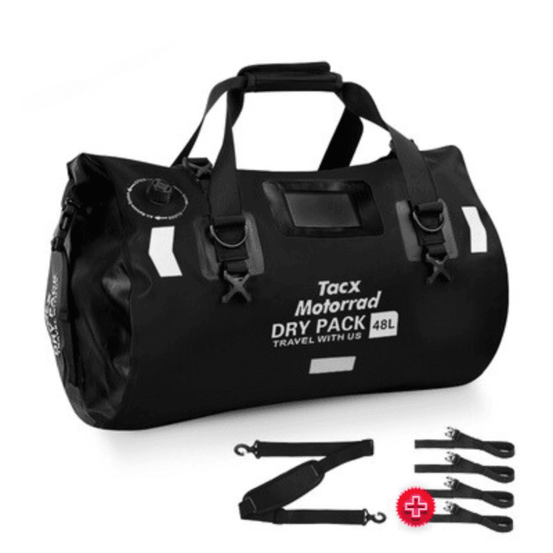 TACX™ 4-in-1 waterproof motorcycle tailbag by Bean's Moto Booth, showing versatile storage and durable design for motorcycle trips.
