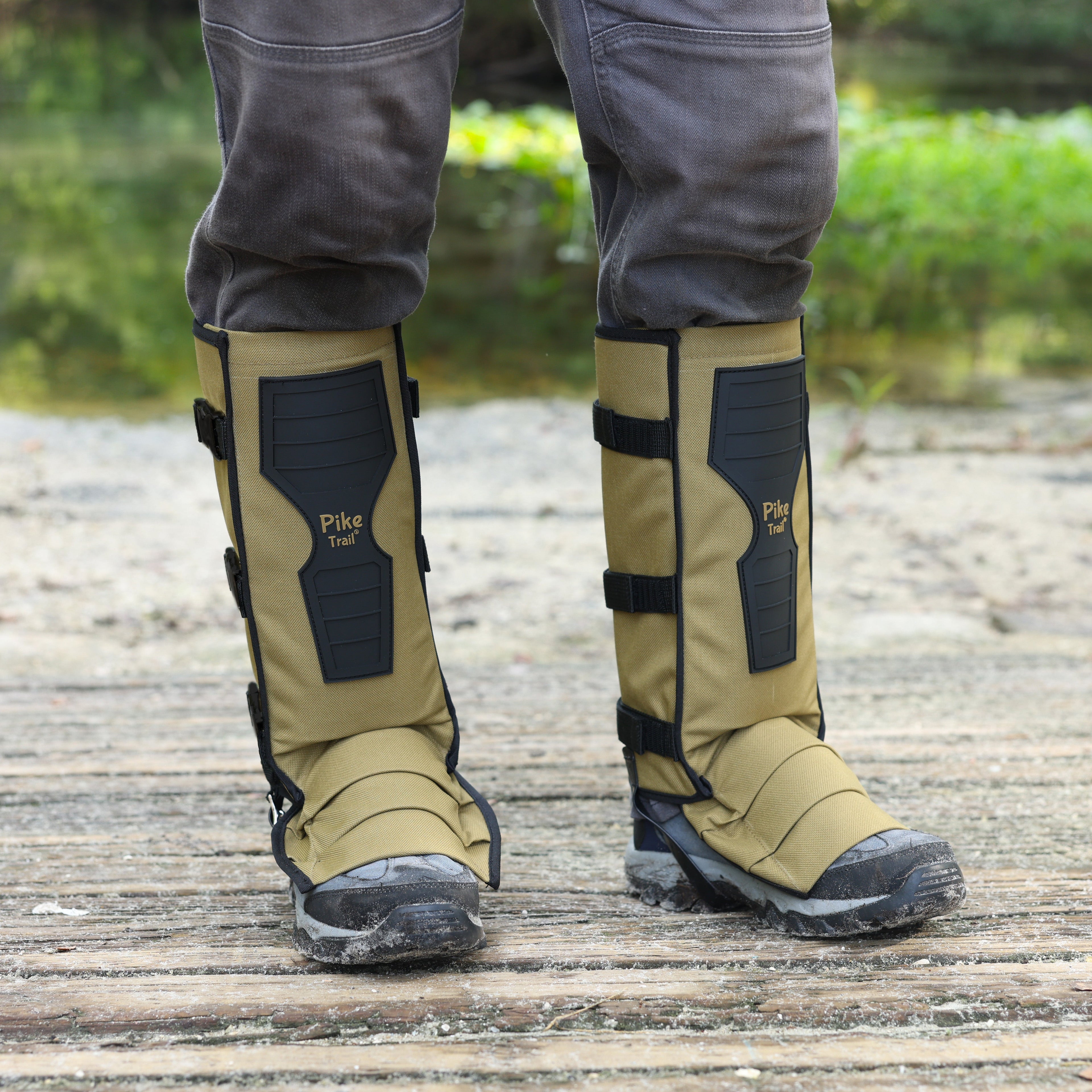 Tan Pike Trail Snake Gaiters leg guards showing durable fabric and adjustable straps for protection during outdoor activities.