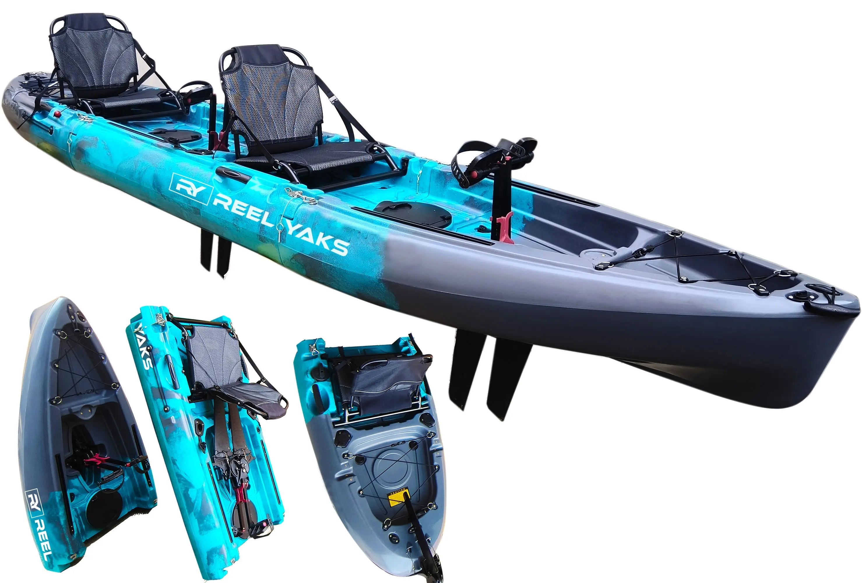 ReelYaks 14ft Raptor tandem or solo modular fishing kayak with tan color, fin or prop drive, 520lb capacity, three-piece design