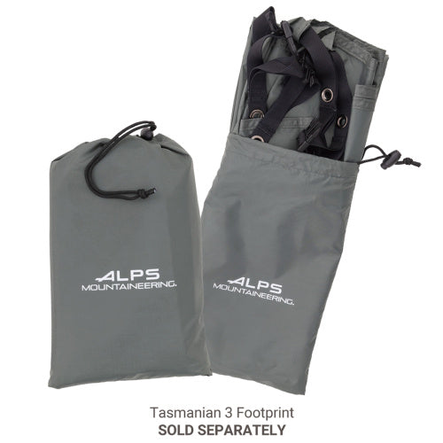 Backcountry Sportsman ALPS Mountaineering Tasmanian 3-person ground tent with rainfly and tent footprint on outdoor terrain