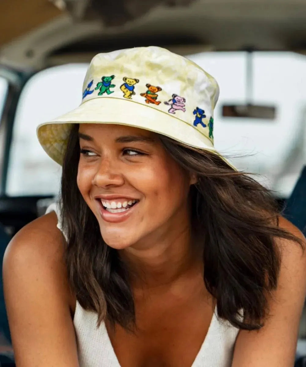 Peter Grimm Grateful Dead Teddy bucket hat featuring a colorful, patterned design and casual headwear style.