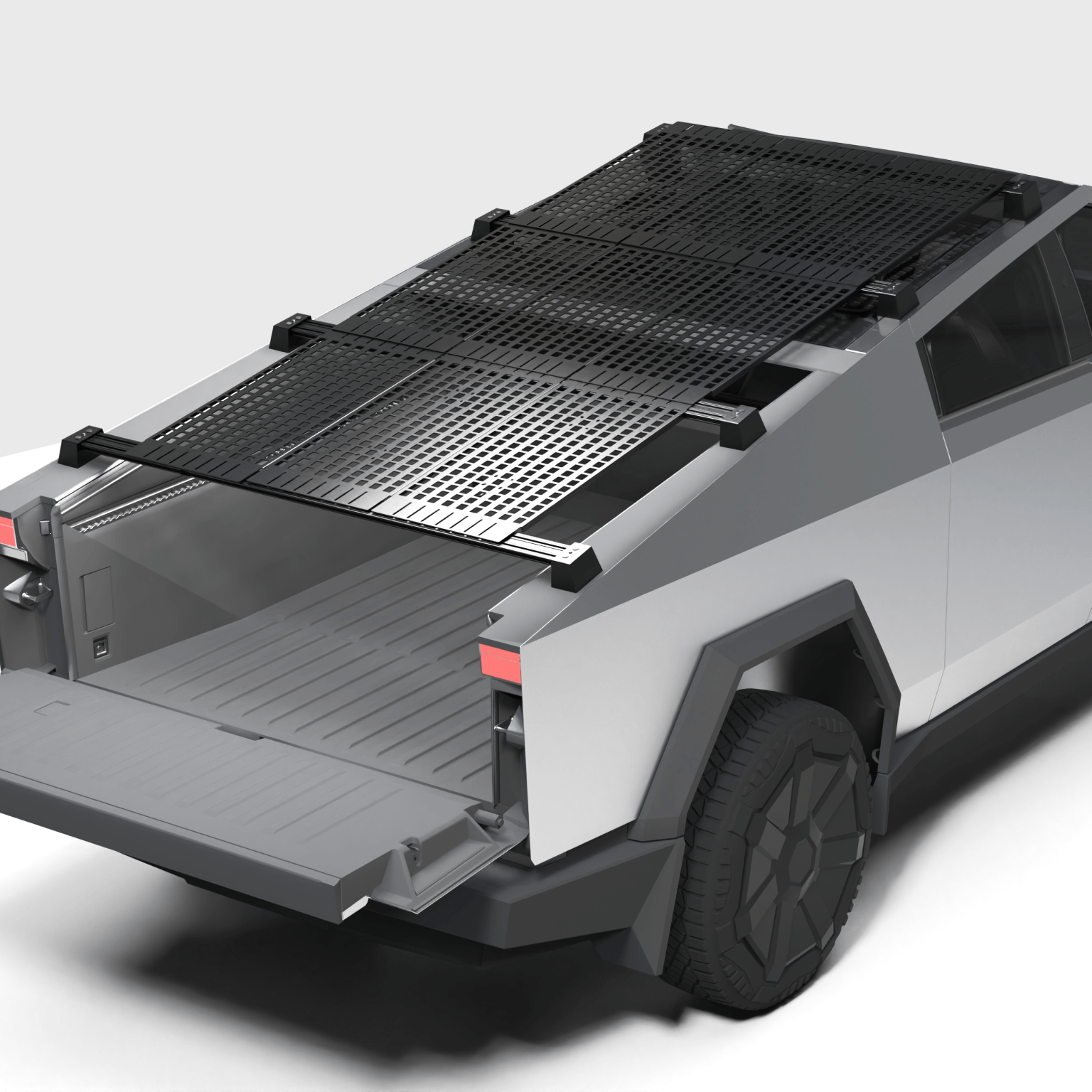 Tesla Cybertruck roof rack cargo carrier with adjustable crossbars and Molle panels by CyberGearco, mounted on the vehicle's roof.