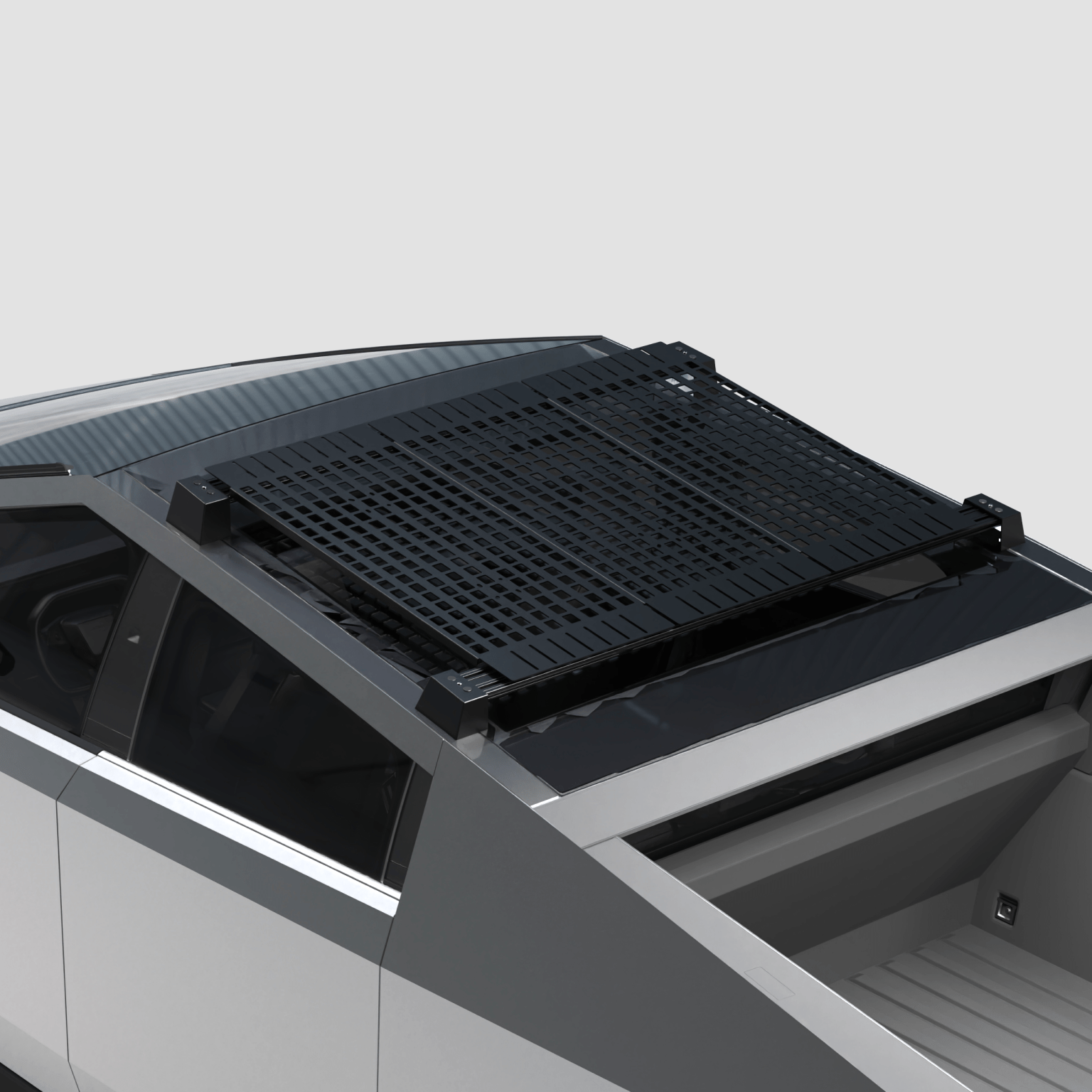 Tesla Cybertruck roof rack with adjustable crossbars and Molle panels, designed for cargo carrier and outdoor gear transport.