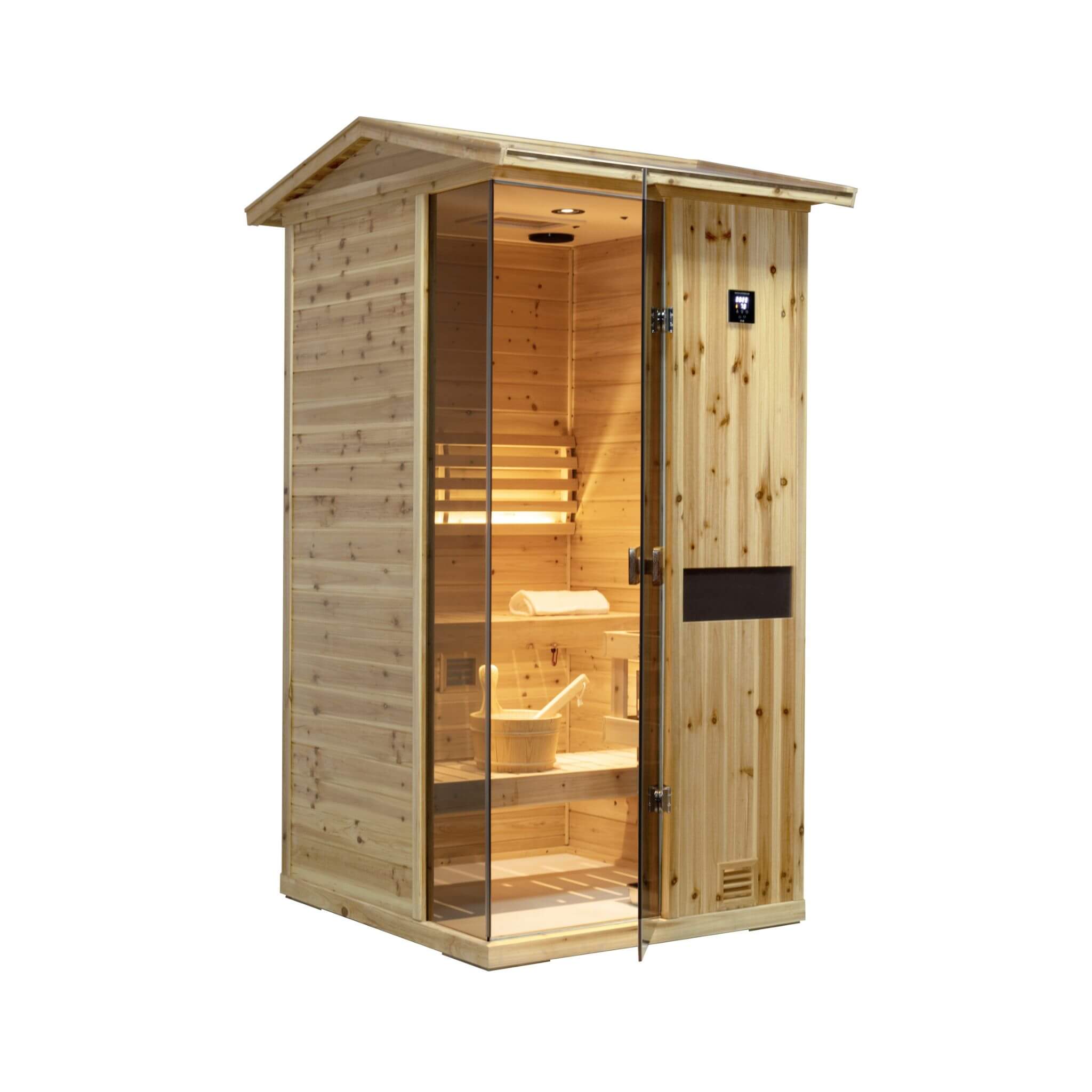 Front side view of the Thermora Nova 1-Person outdoor weather-resistant wooden steam sauna room by SAKSBY WHOLESALE.