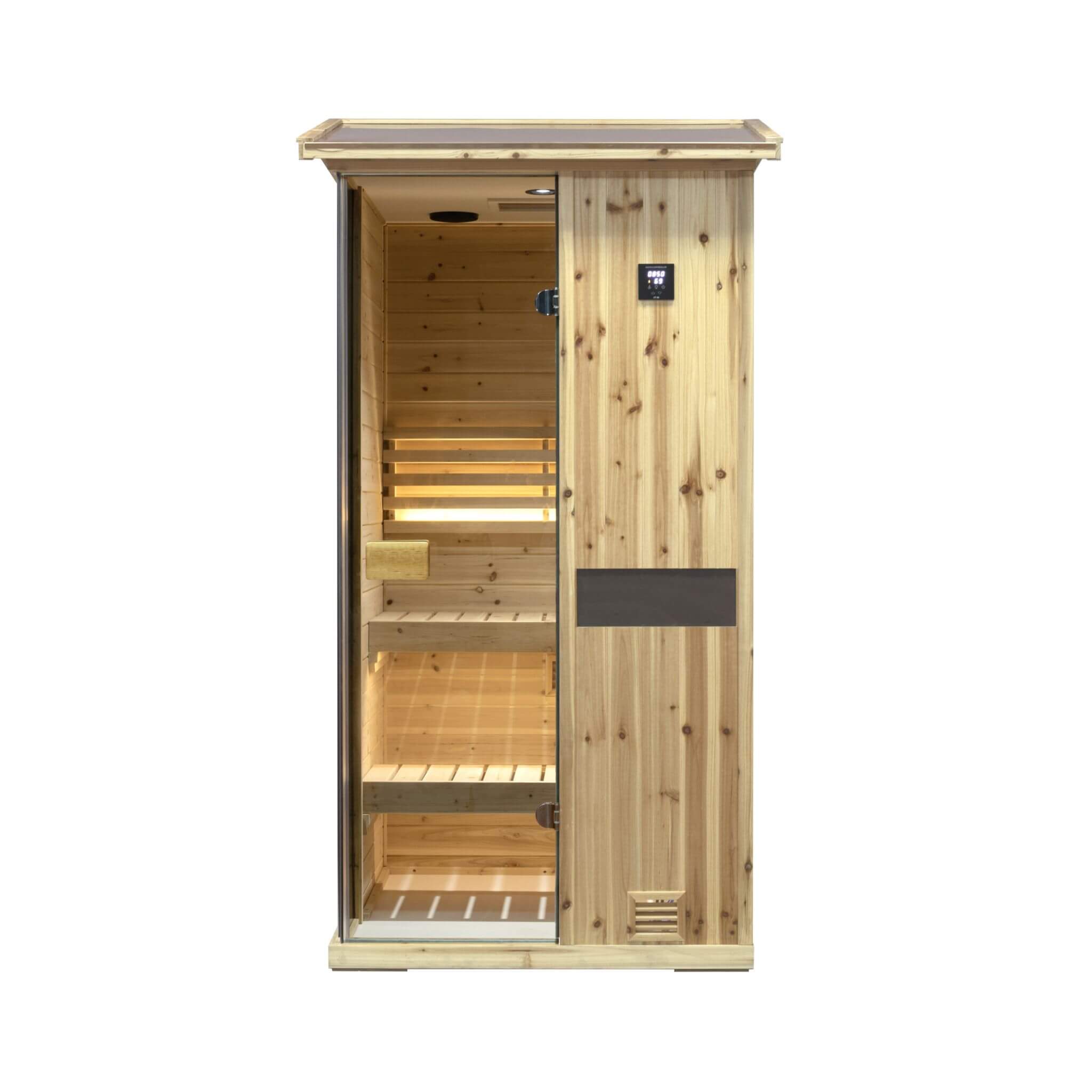 Front view of Thermora Nova 1-Person outdoor weather-resistant traditional wooden steam sauna room by SAKSBY WHOLESALE.