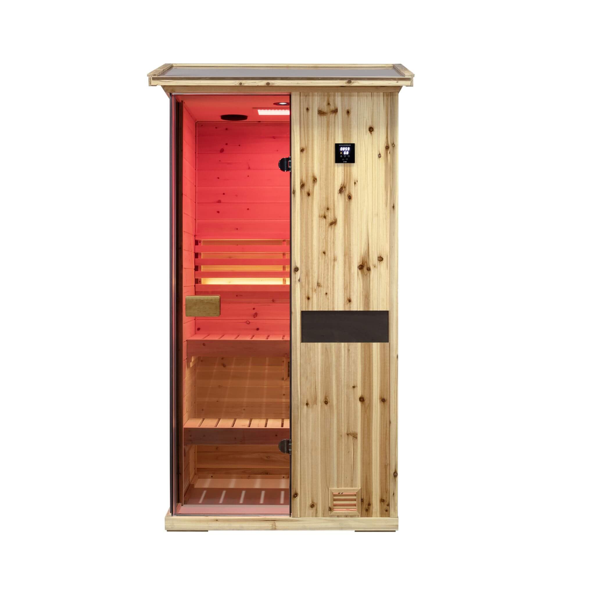 Front view of Thermora Nova 1-Person outdoor weather-resistant wooden steam sauna by SAKSBY WHOLESALE
