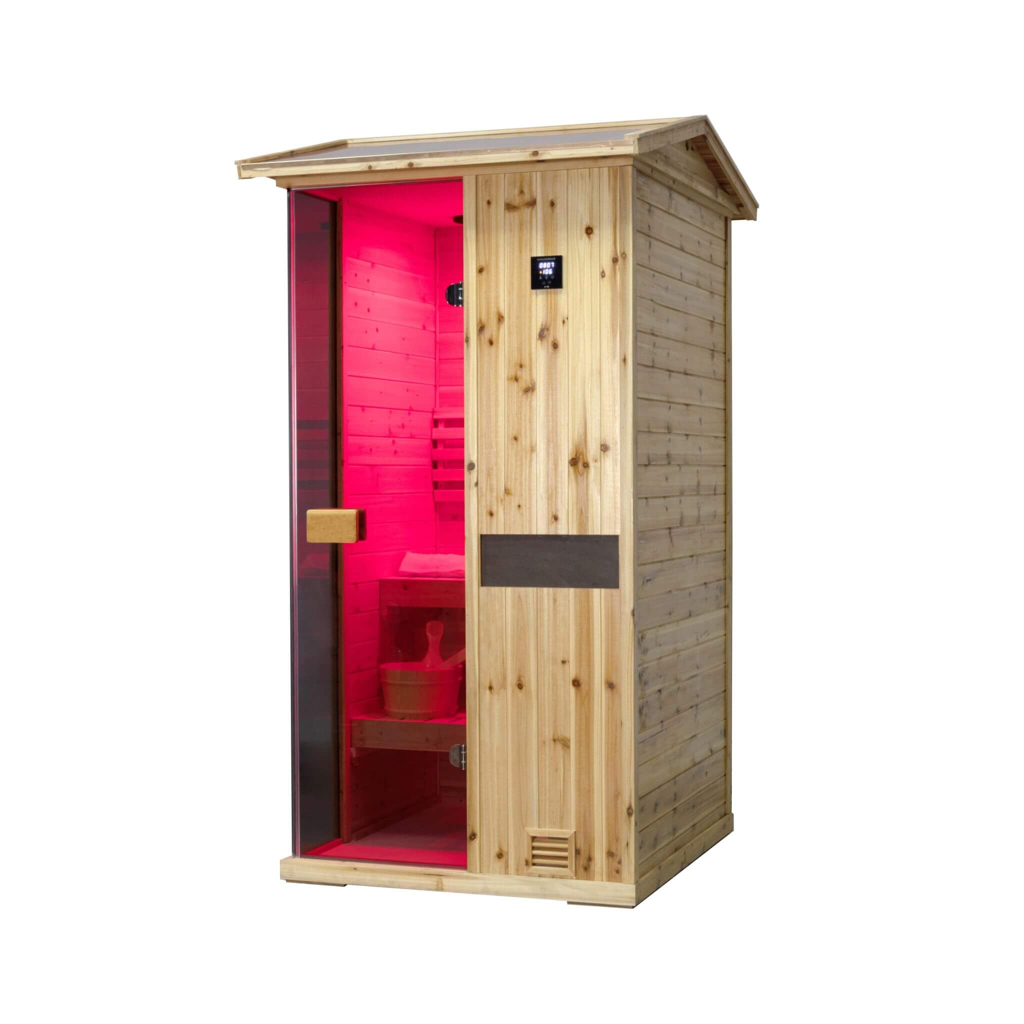 Red-colored Thermora Nova 1-Person outdoor weather-resistant traditional wooden steam sauna room, side view showing wooden panels and door.