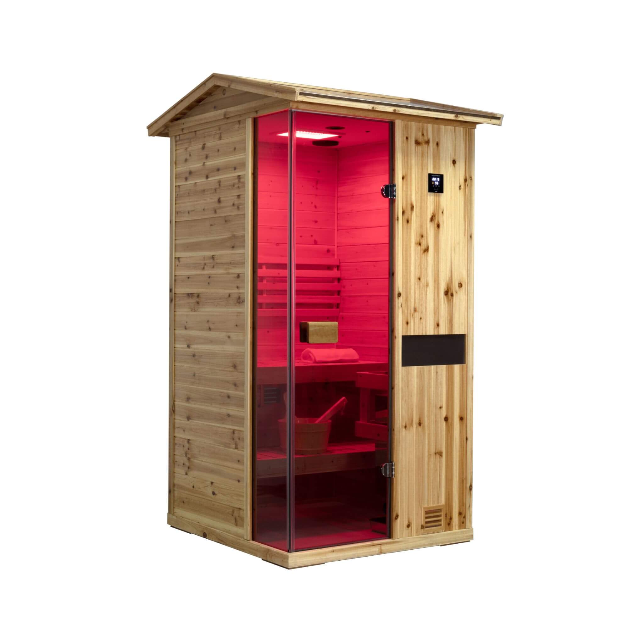 Red outdoor Thermora Nova 1-person wooden steam sauna room with weather-resistant design, side view, traditional style by SAKSBY WHOLESALE.