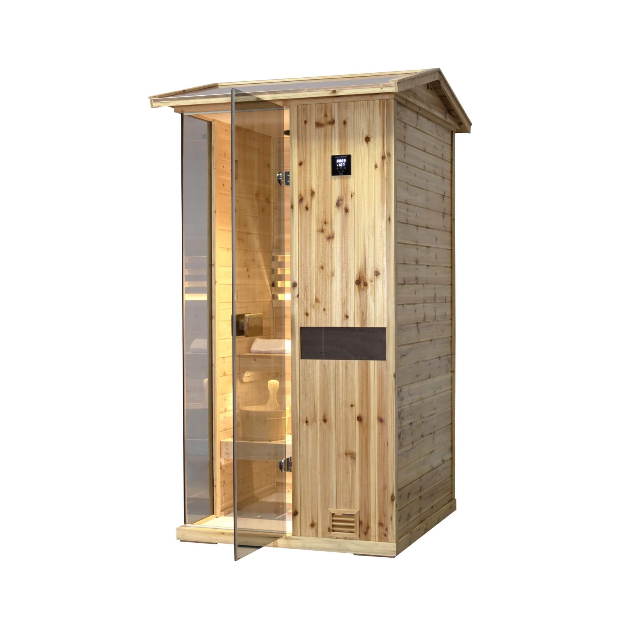 Side view of Thermora Nova 1-Person outdoor weather-resistant traditional wooden steam sauna room by SAKSBY WHOLESALE.