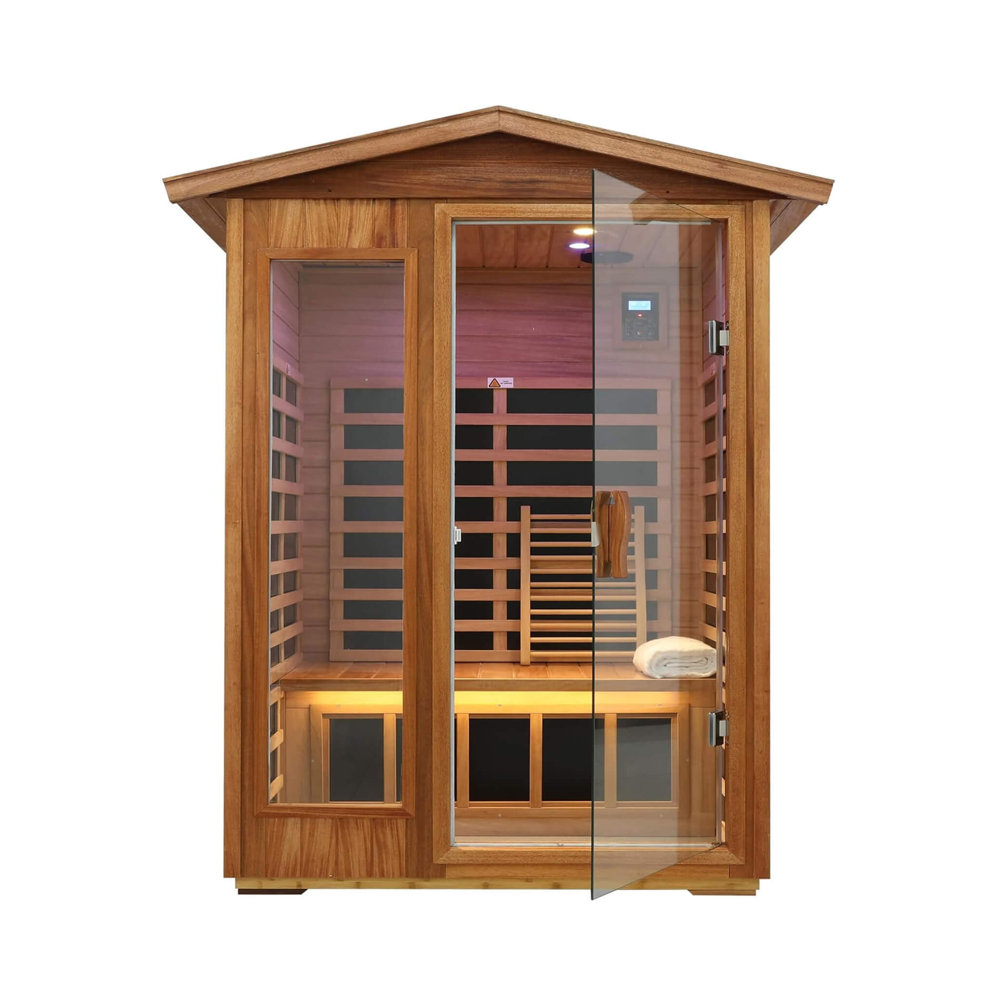 Front view of Thermora Ignis 2-Person Infrared Sauna in mahogany with Bluetooth speakers and ultra-low EMF for outdoor use.