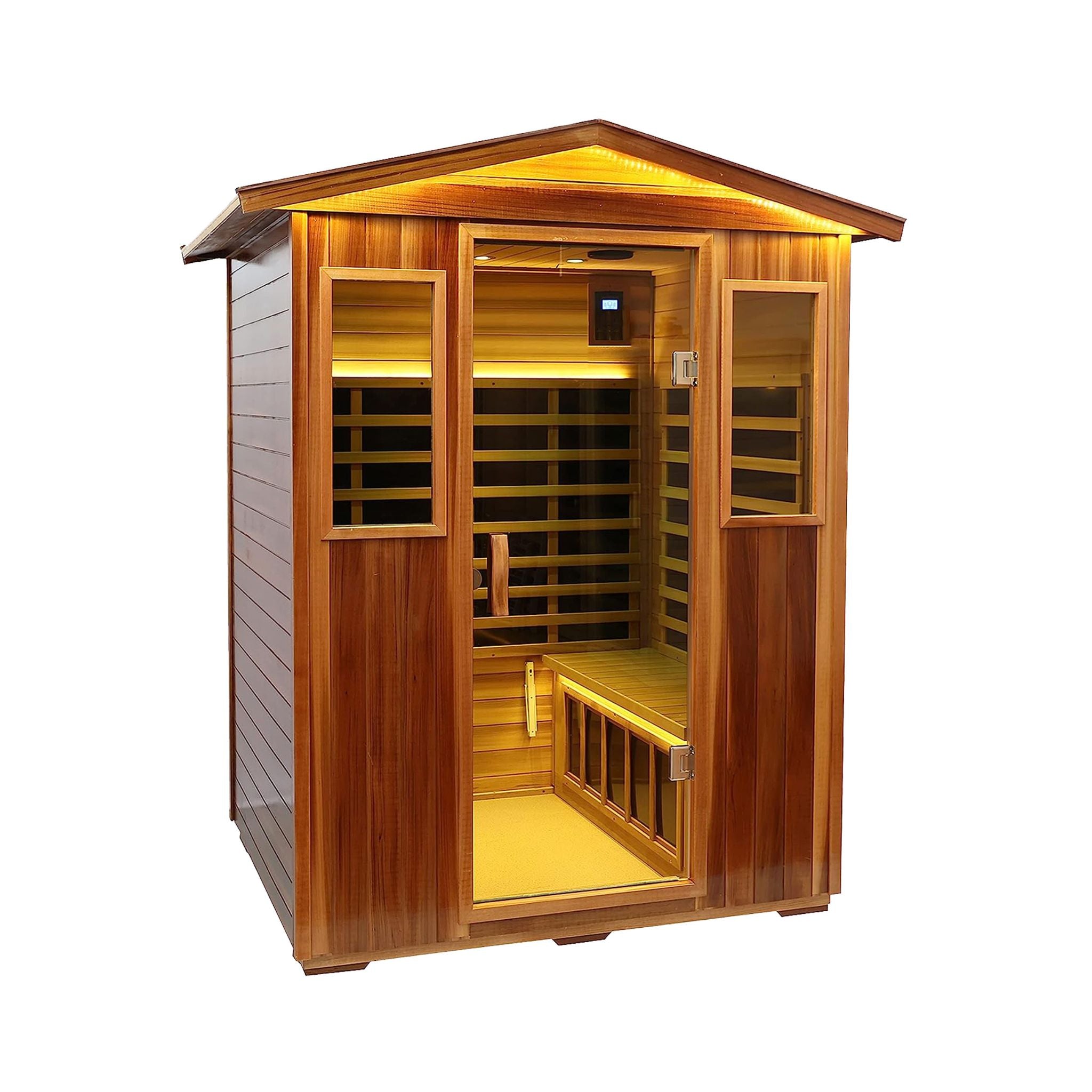 4-person Thermora outdoor infrared sauna in hemlock wood with a tempered glass door, viewed from the front side.