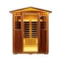 Thermora 4-person outdoor infrared sauna in hemlock wood with a tempered glass door, showcasing a front view design.
