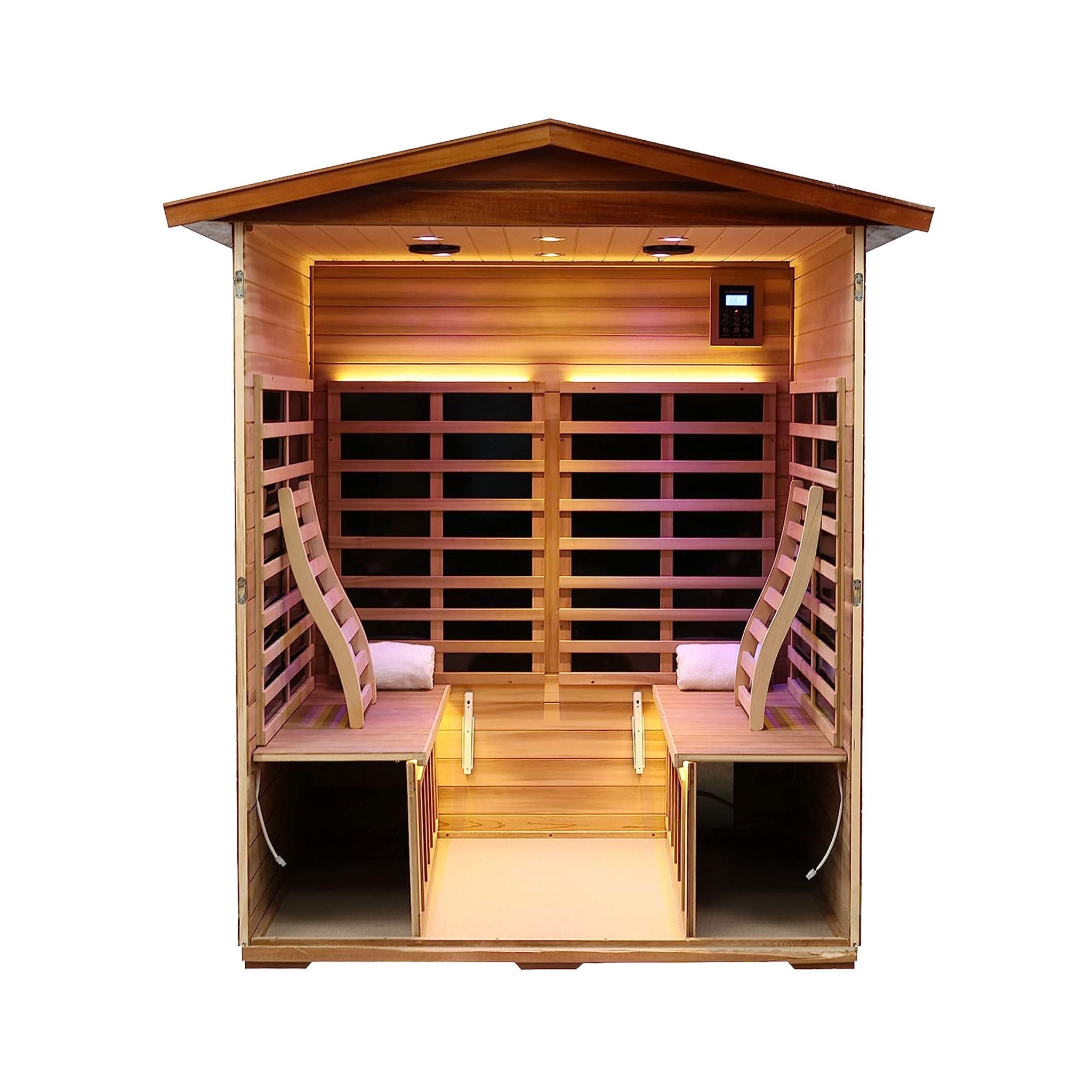Interior view of Thermora Kairo 4-person outdoor infrared sauna with hemlock wood and tempered glass door.