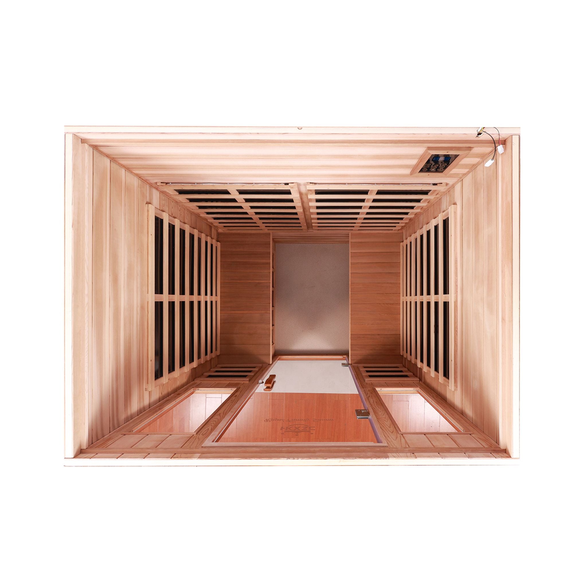 Inside view of the Thermora Kairo 4-person infrared sauna featuring a hemlock wood interior and a tempered glass door.
