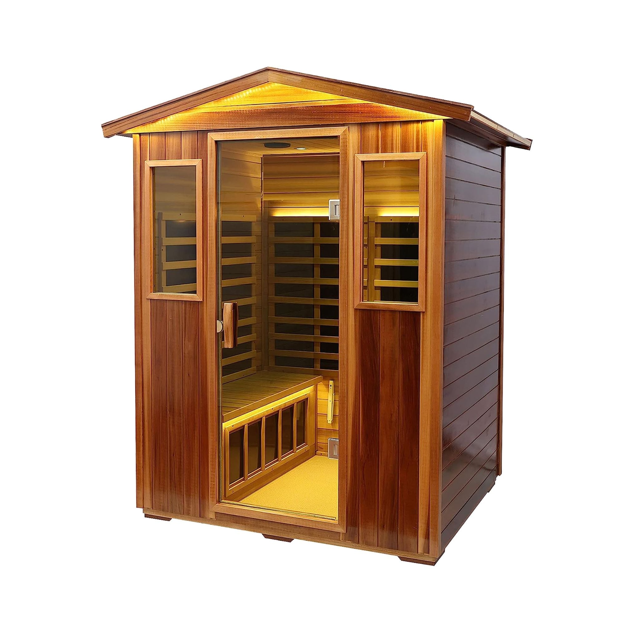 Side view of Thermora Kairo 4-person outdoor infrared sauna with hemlock wood and tempered glass door.