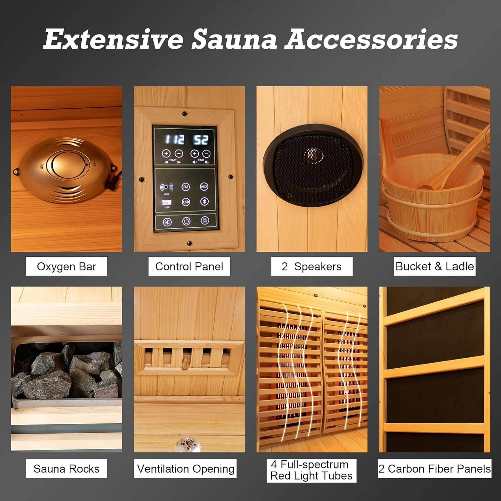 Rövia Luma 2-person indoor sauna room with infrared panels and 3.5KW steam heater, showcasing wooden interior and control panel.