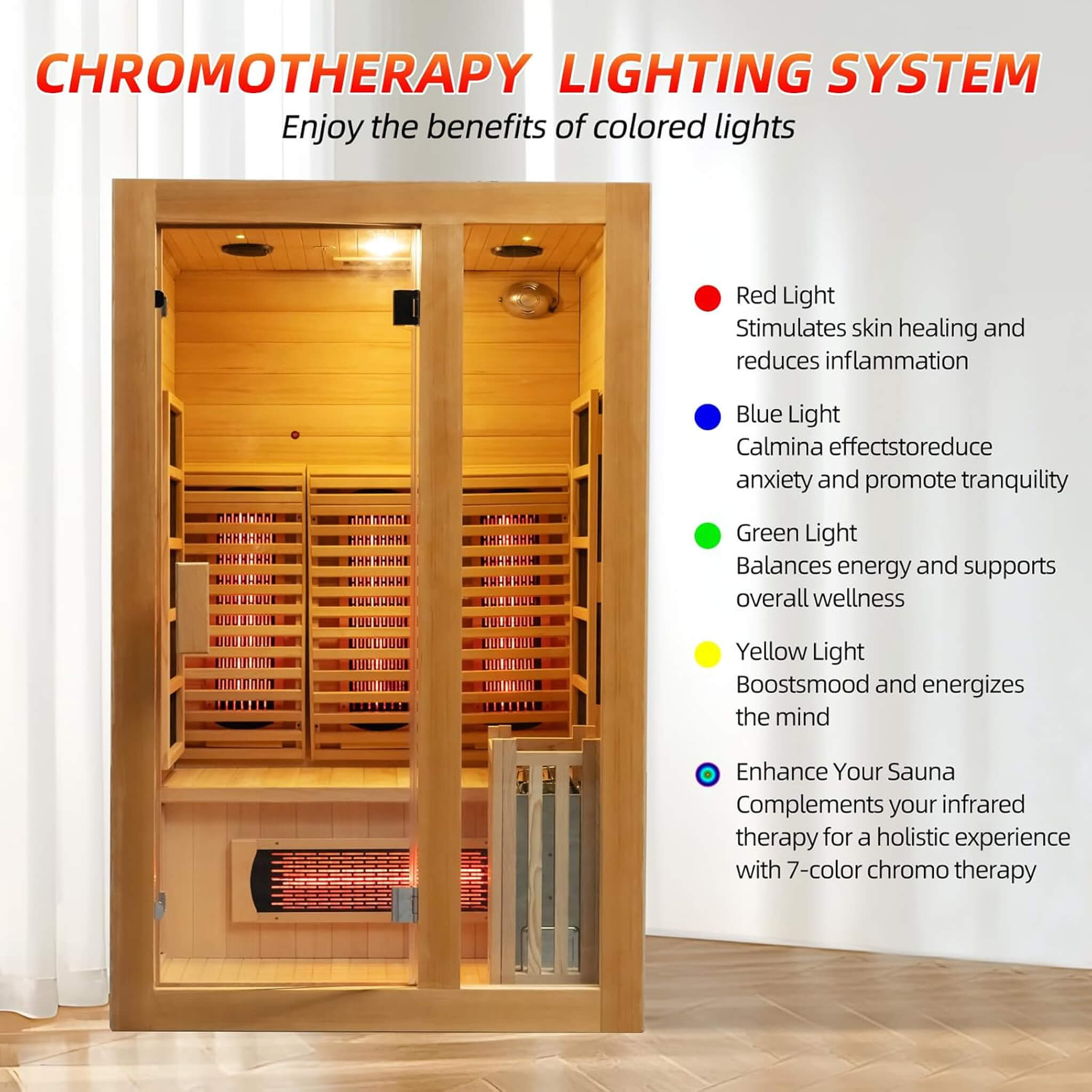 Rövia Luma 2-person indoor sauna with infrared and steam heater, featuring chromotherapy lighting for relaxation.