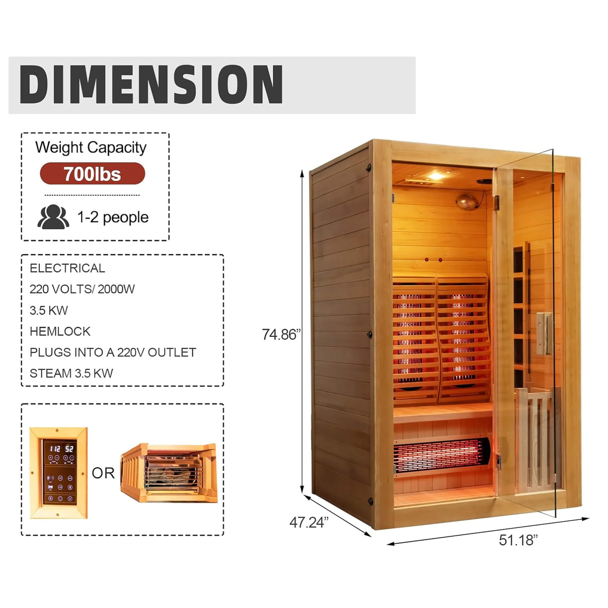 Rövia Luma 2-person indoor hybrid sauna room with infrared panels and 3.5KW steam heater, featuring glass door and sleek design.
