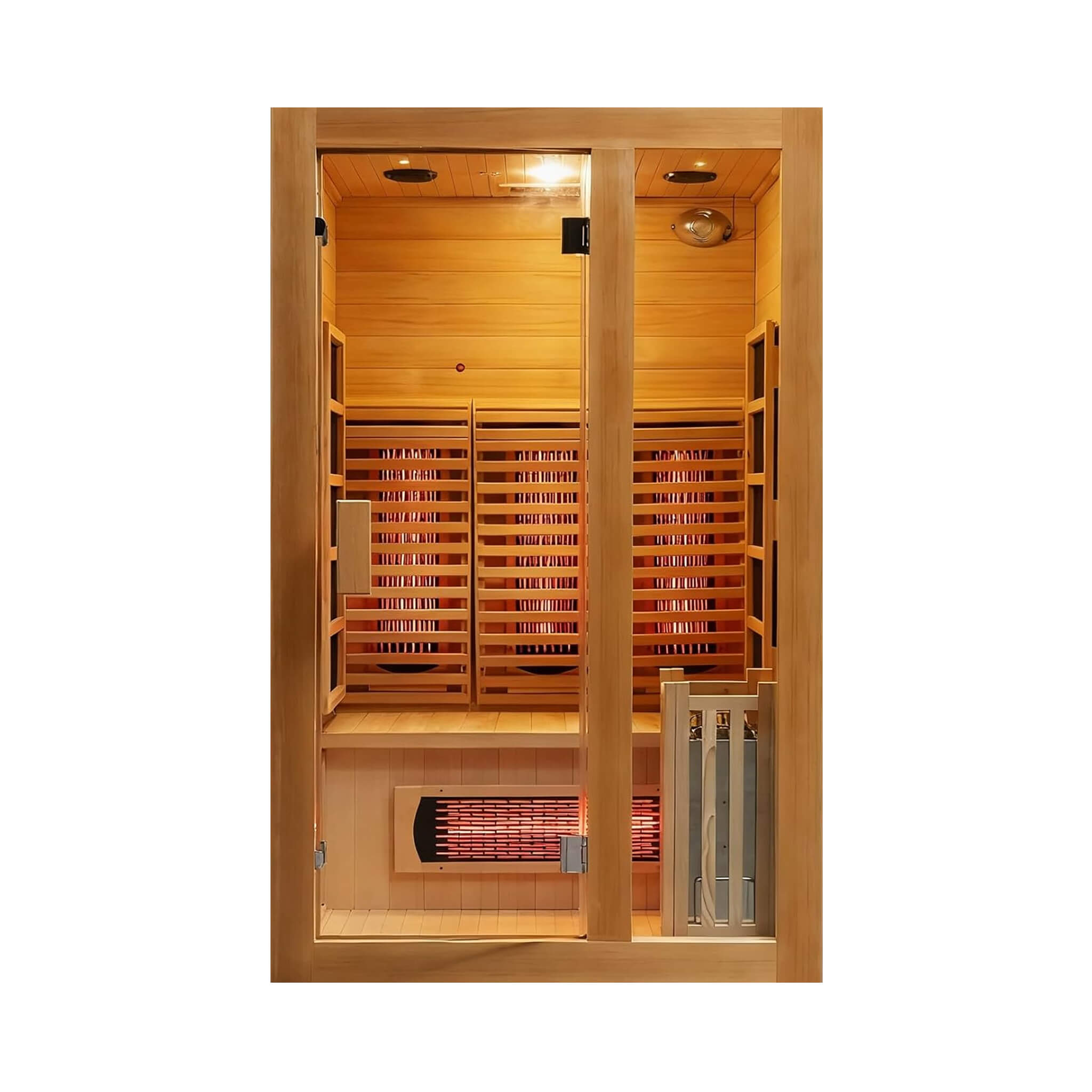 SAKSBY WHOLESALE Rövia Luma 2-person indoor sauna with infrared panels and 3.5KW steam heater, front view on white background.