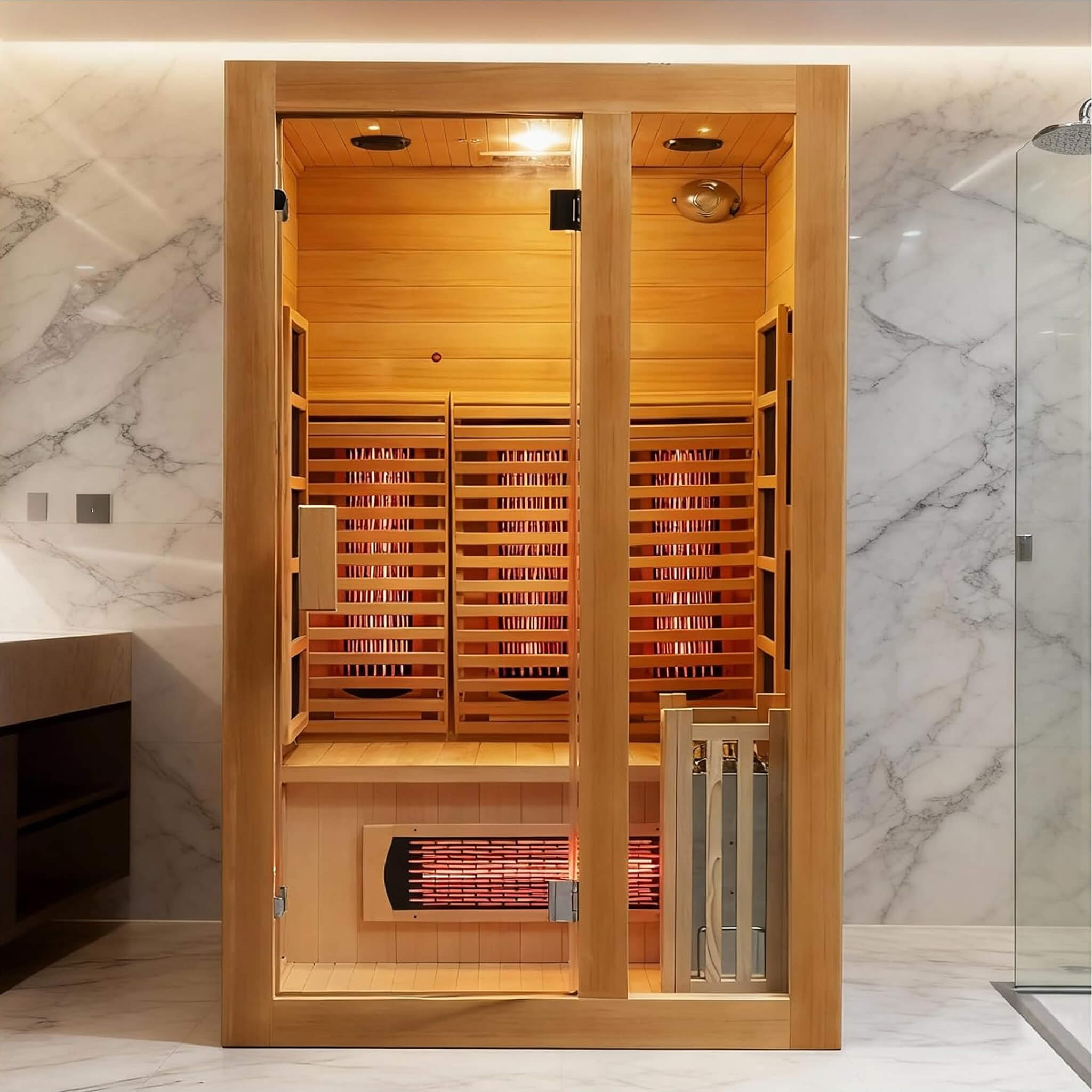 Front view of Rövia Luma 2-person indoor sauna with infrared panels and steam heater in a modern bathroom setting.