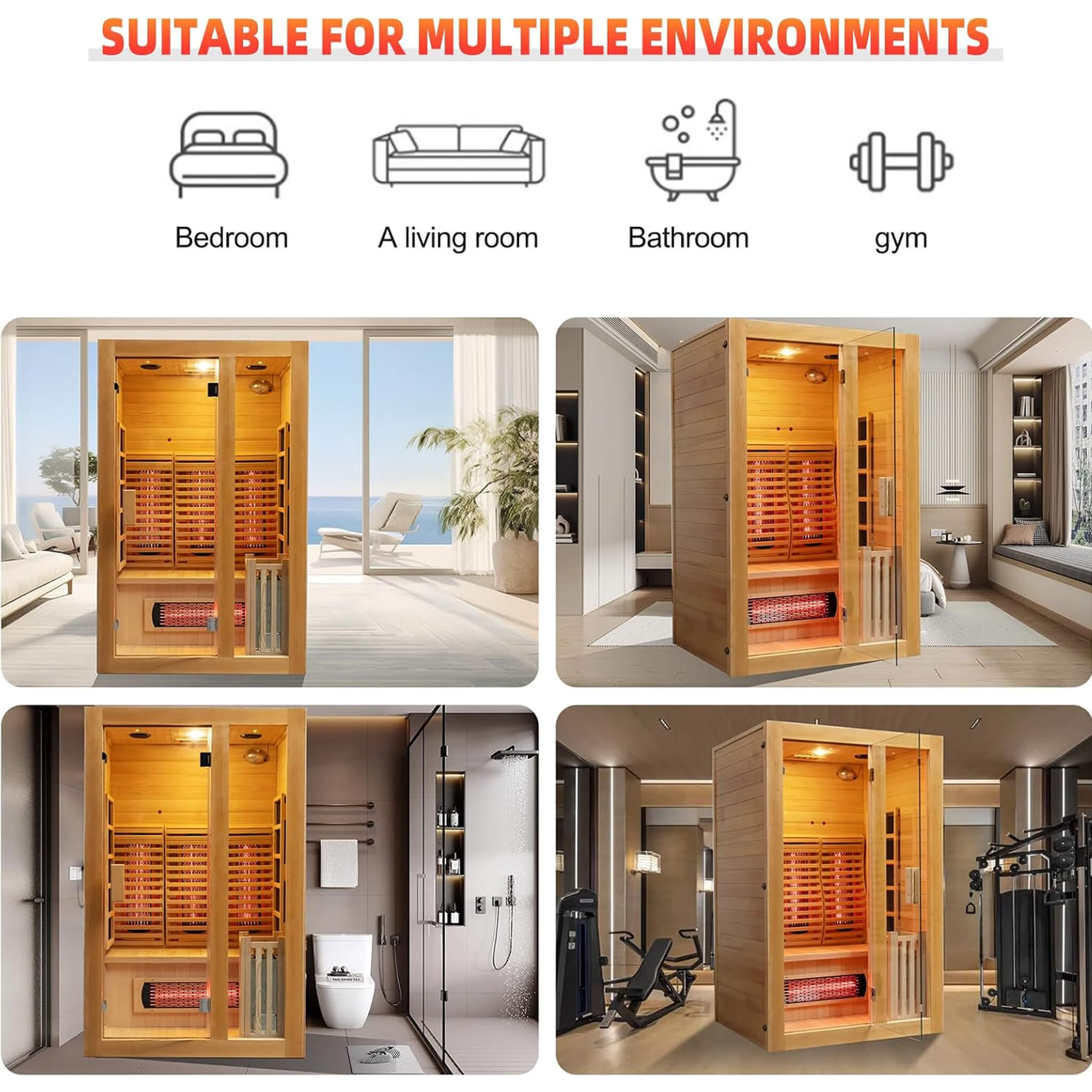 Rövia Luma 2-person indoor hybrid sauna with infrared panels and 3.5KW steam heater, featuring wooden interior and control panel