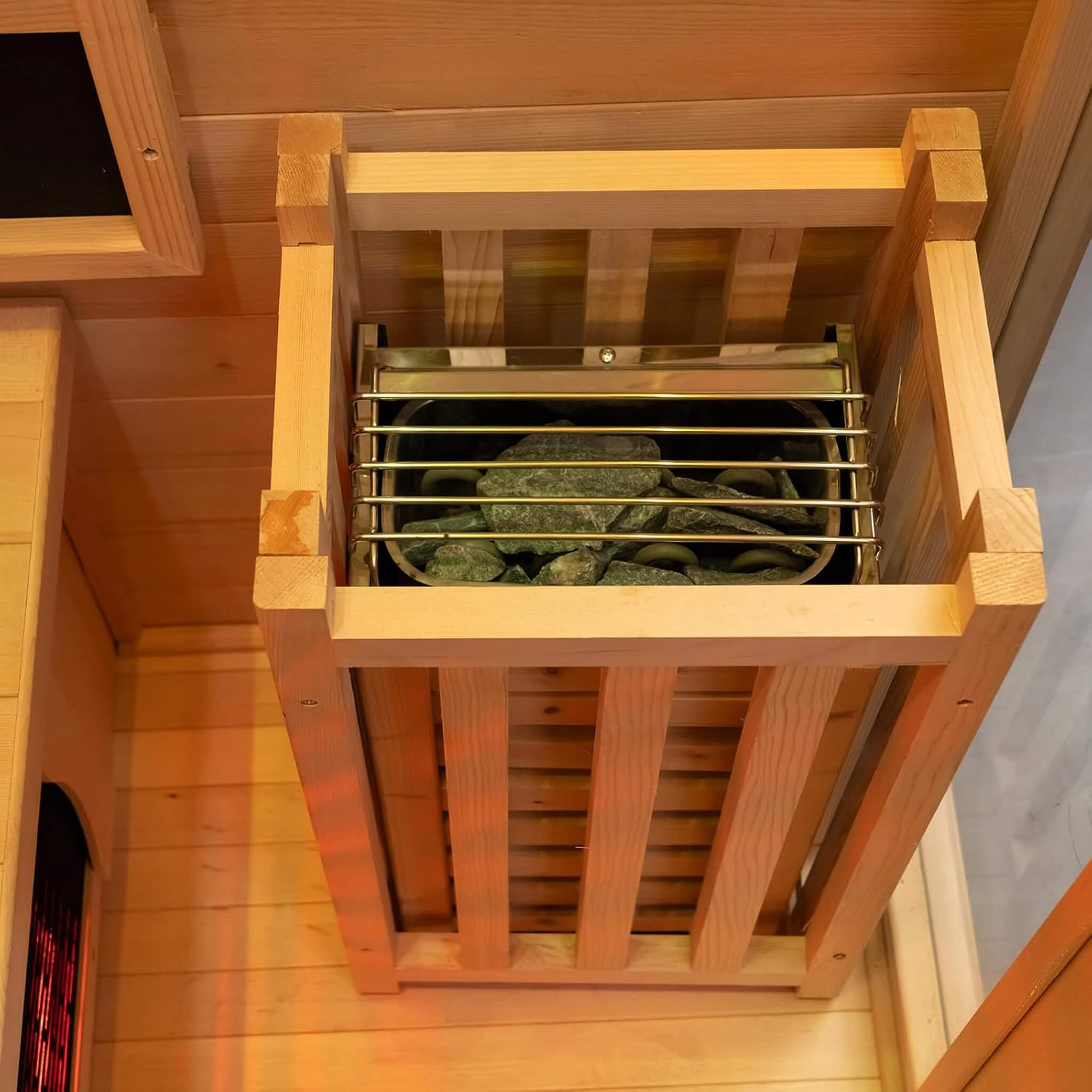 Rövia Luma 2-person indoor sauna with infrared panels and 3.5KW steam heater, compact sauna room for home relaxation.