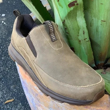 Brown Bomber Slip-On men's shoes by Ariat featuring a sleek western style and smooth leather finish.