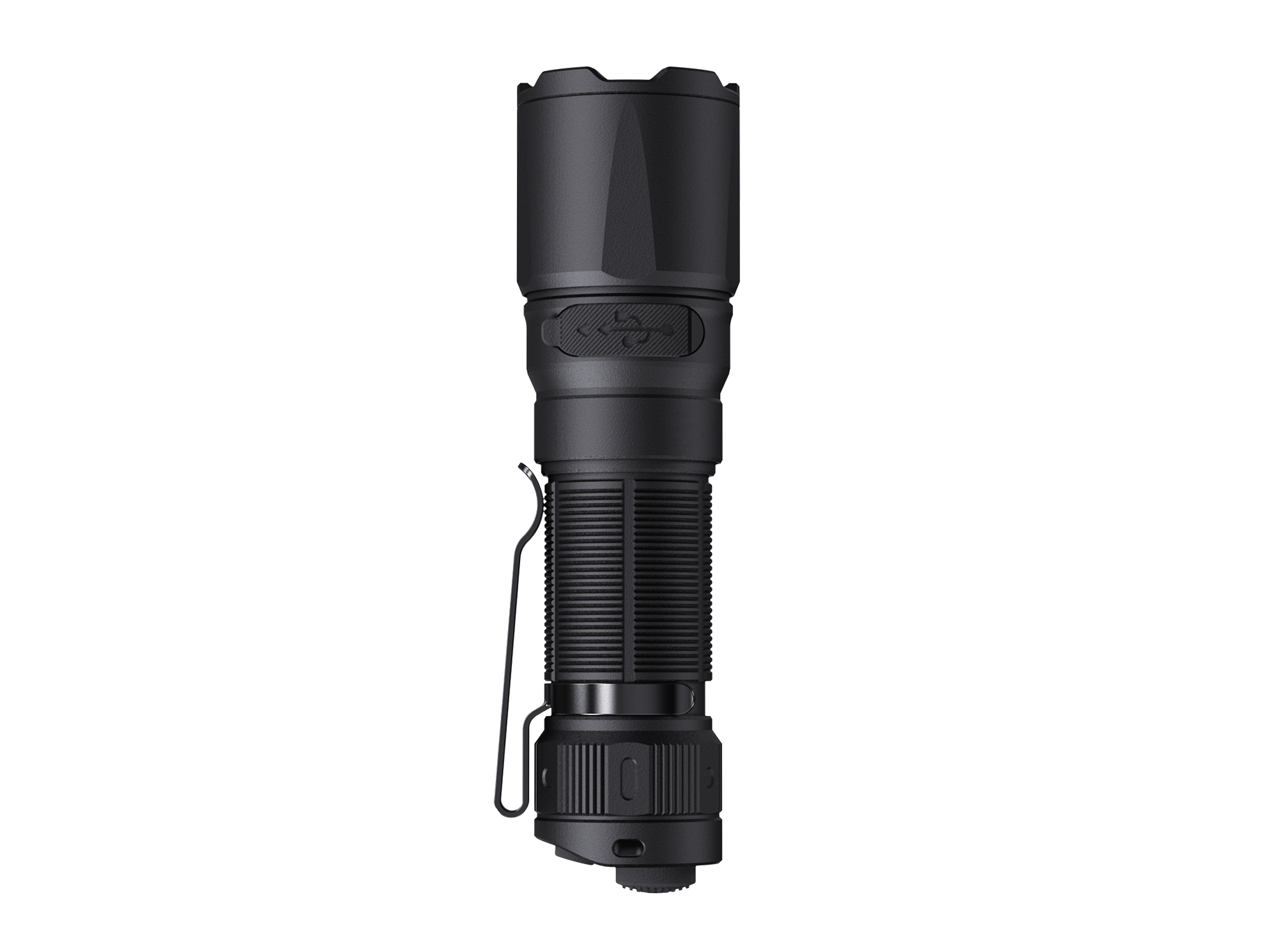 Fenix TK05R compact tactical EDC flashlight with black body and textured grip, shown from the bottom angle.