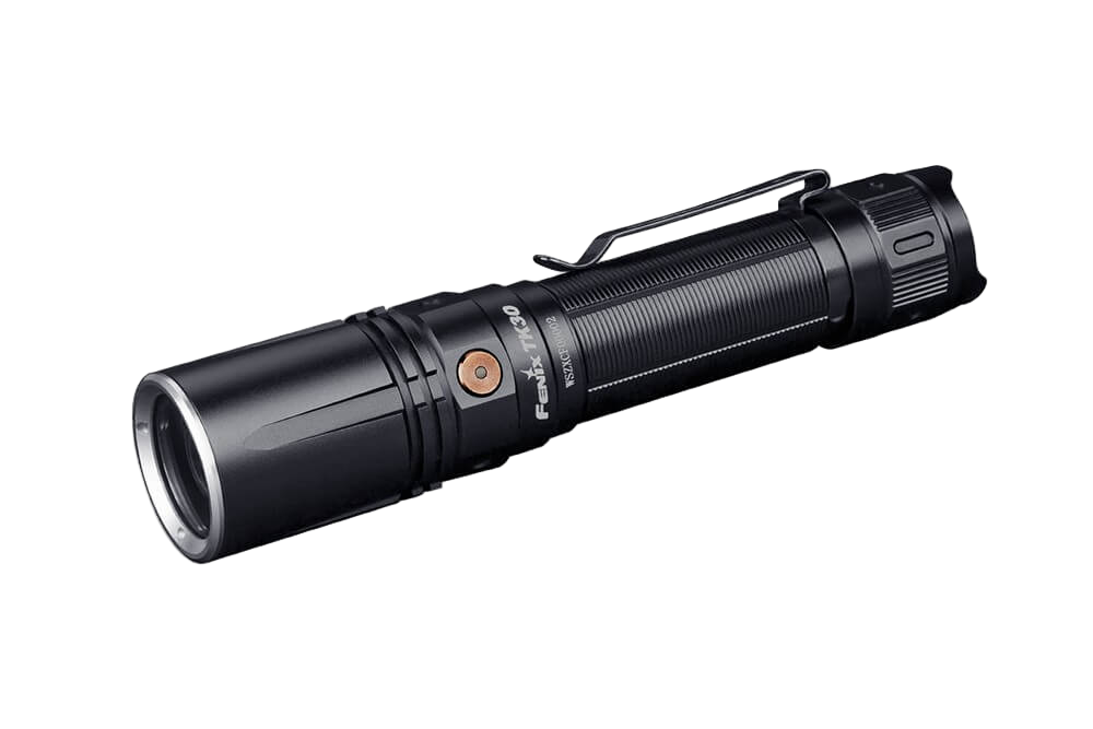 Fenix TK30 tactical flashlight with bright white laser LED, showcasing its sleek design and durable construction.
