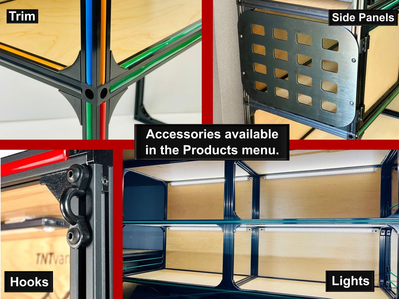 Van Wheel Well Shelving kit by TNTvans for camper van conversion, showing sturdy wooden shelves installed in a camper van wheel well area.