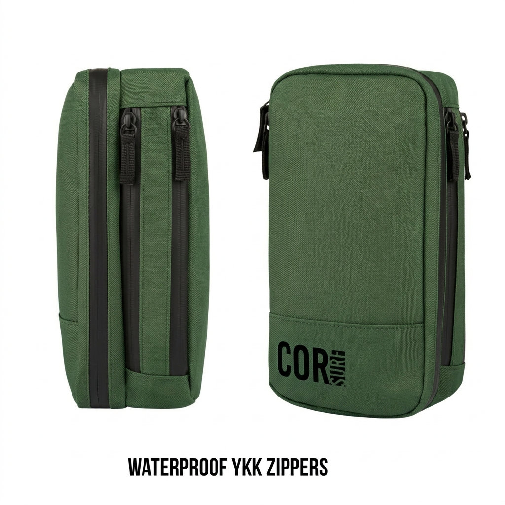 Green COR Surf compact toiletry travel bag with multiple compartments for organizing toiletries and accessories.
