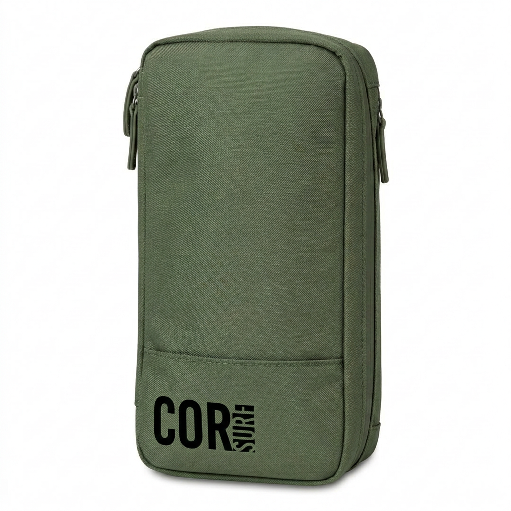 Green COR Surf compact toiletry travel bag with multiple compartments for organizing toiletries and accessories.