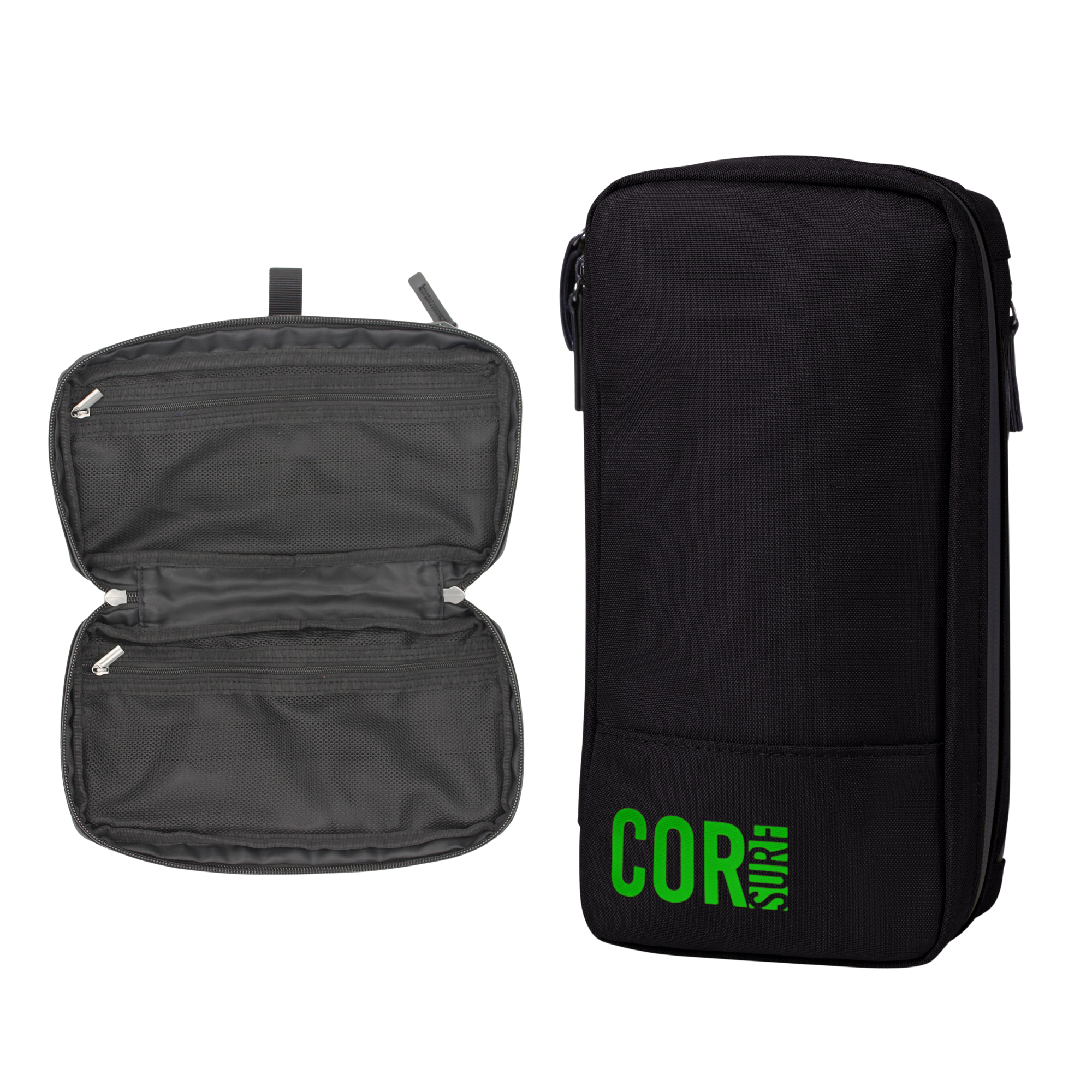 Black COR Surf compact toiletry travel bag with multiple compartments for organizing personal accessories on the go.