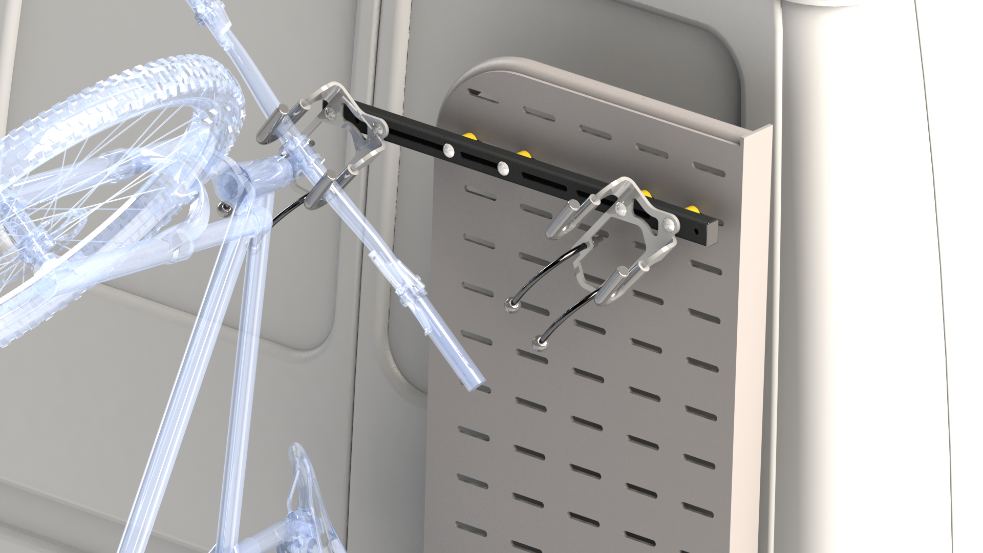 Close-up of Lolo Racks Bike Rack Kit for van cargo Molle panel, showing mounting hardware and detailed construction.