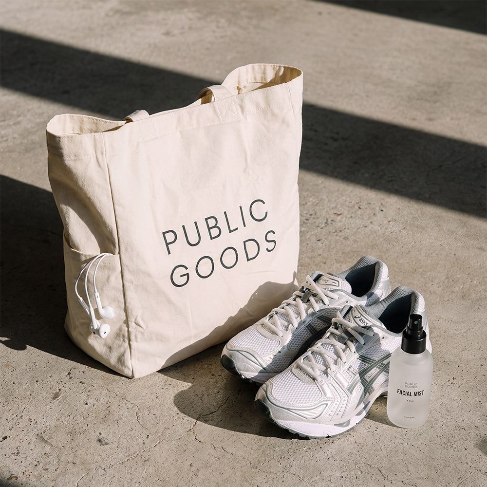 Public Goods organic cotton canvas tote bag shown with handles and natural fabric texture, ideal for household use.