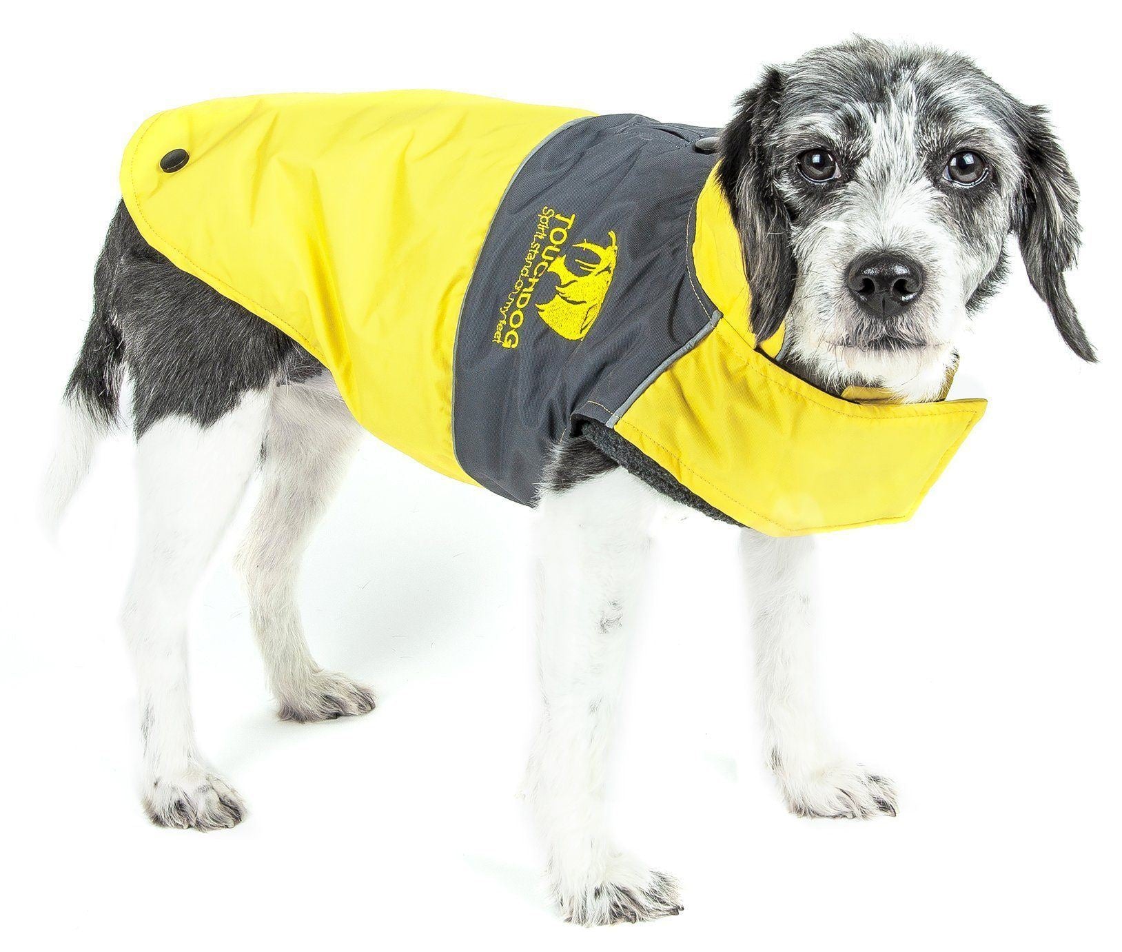 Pet Life Touchdog Lightening-Shield 2-in-1 waterproof dog jacket with removable layers and black shark technology, designed for outdoor protection.