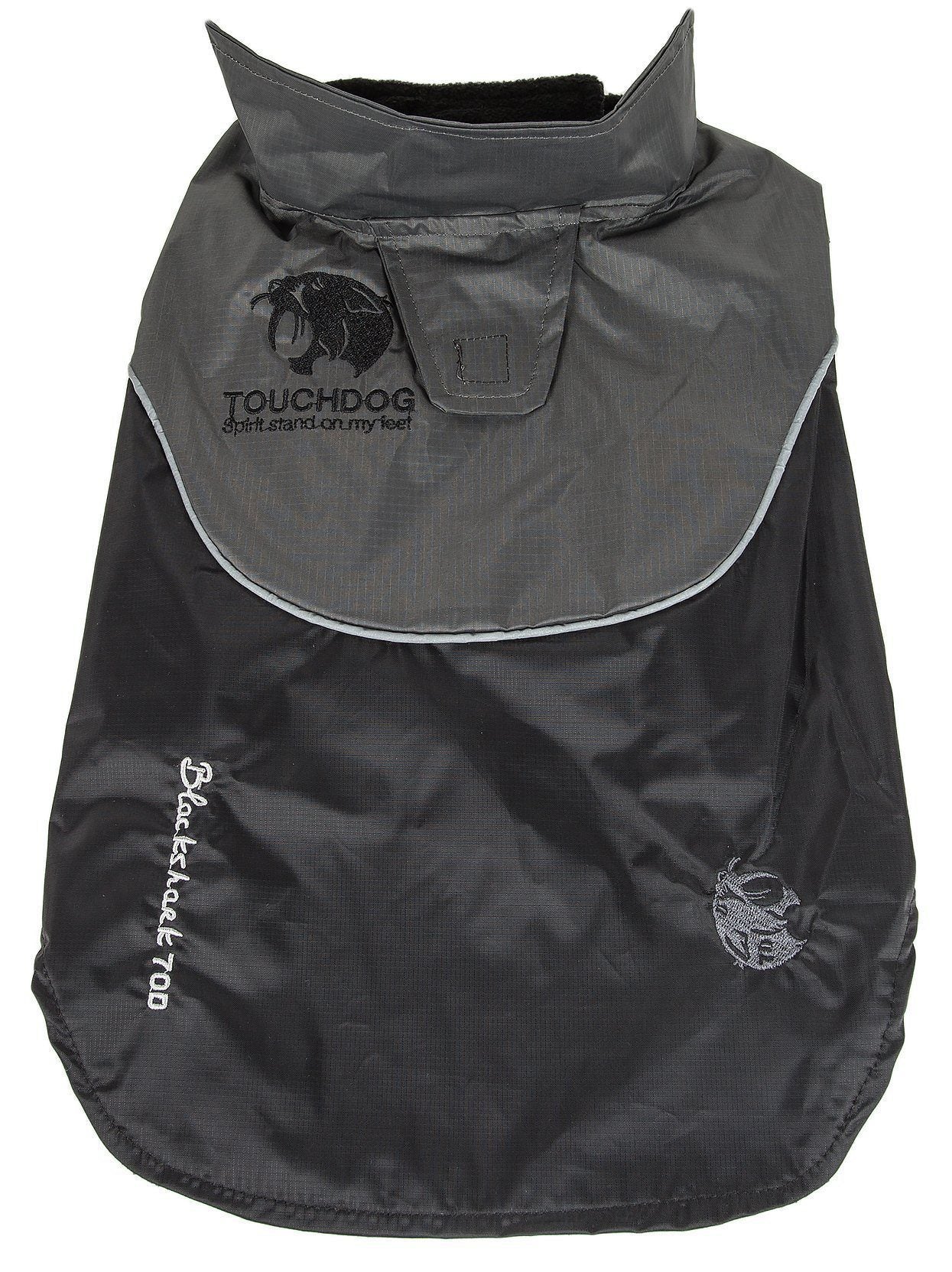 Touchdog Lightening-Shield 2-in-1 waterproof dog jacket with removable layers, designed by Pet Life, featuring black shark tech.
